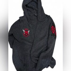 Torrid Charcoal Hooded Cardigan with Heart and Rose Embroidery